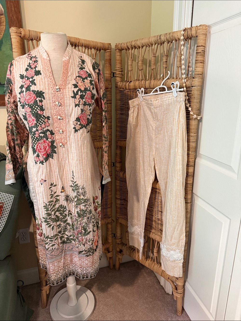 Peach Floral Embroidered Women's tunic and Pants